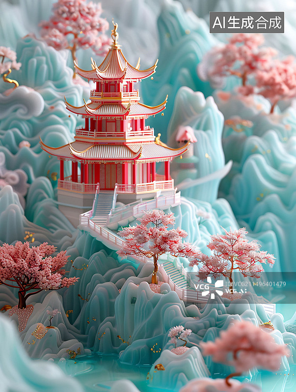 【AI数字艺术】3D琉璃古建筑春节新年场景背景元素插图图片素材