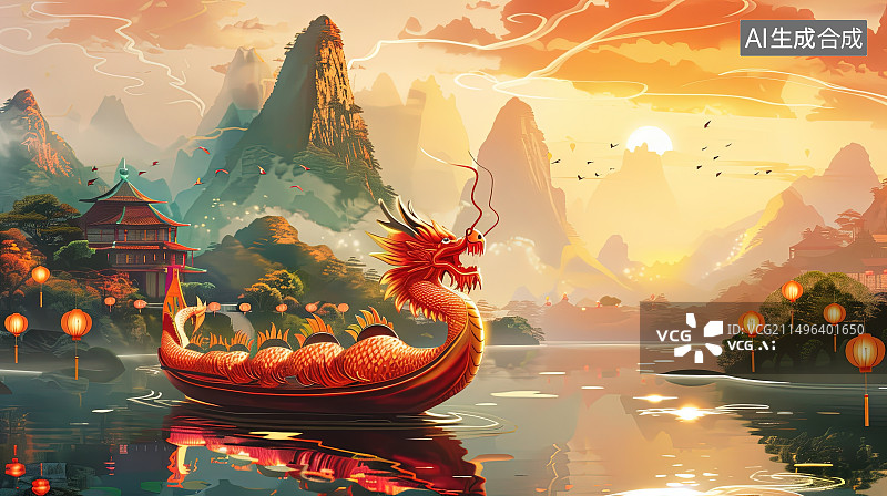 【AI数字艺术】中国传统节日端午节龙舟插画图片素材