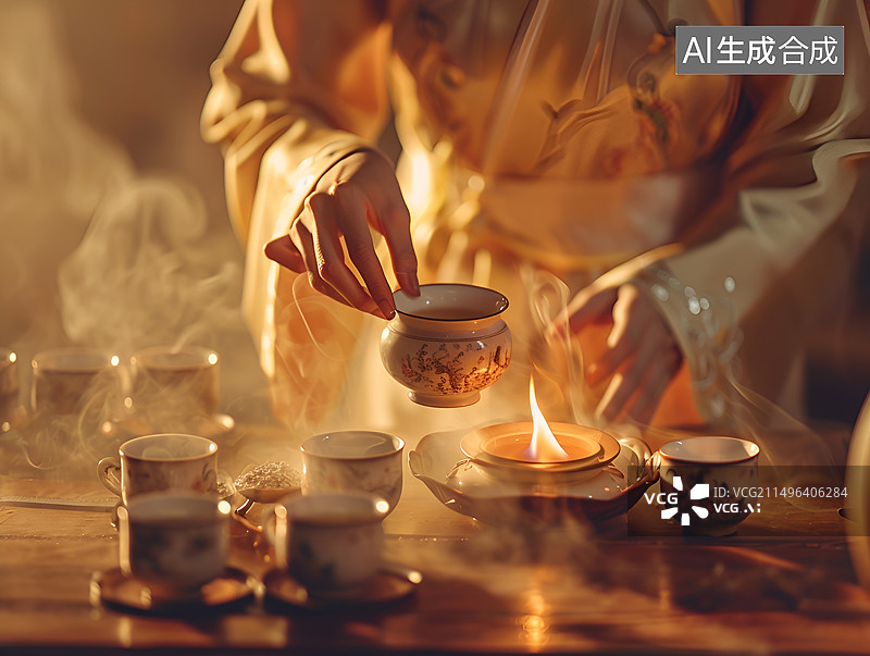 【AI数字艺术】茶艺师端着茶水图片素材