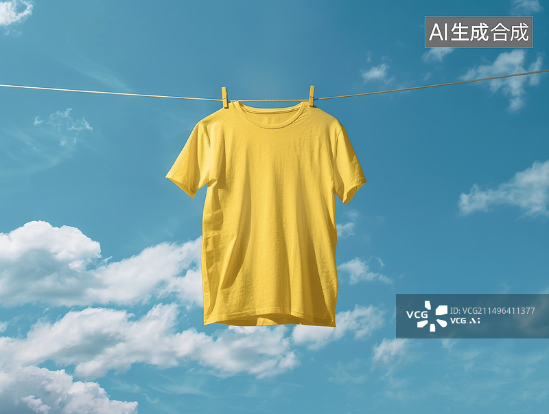 【AI数字艺术】黄色T恤在蓝天下晾在晾衣绳上图片素材