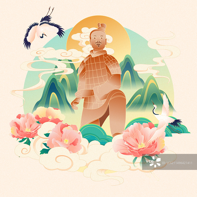 国风西安城市地标建筑兵马俑彩色矢量插画图片素材