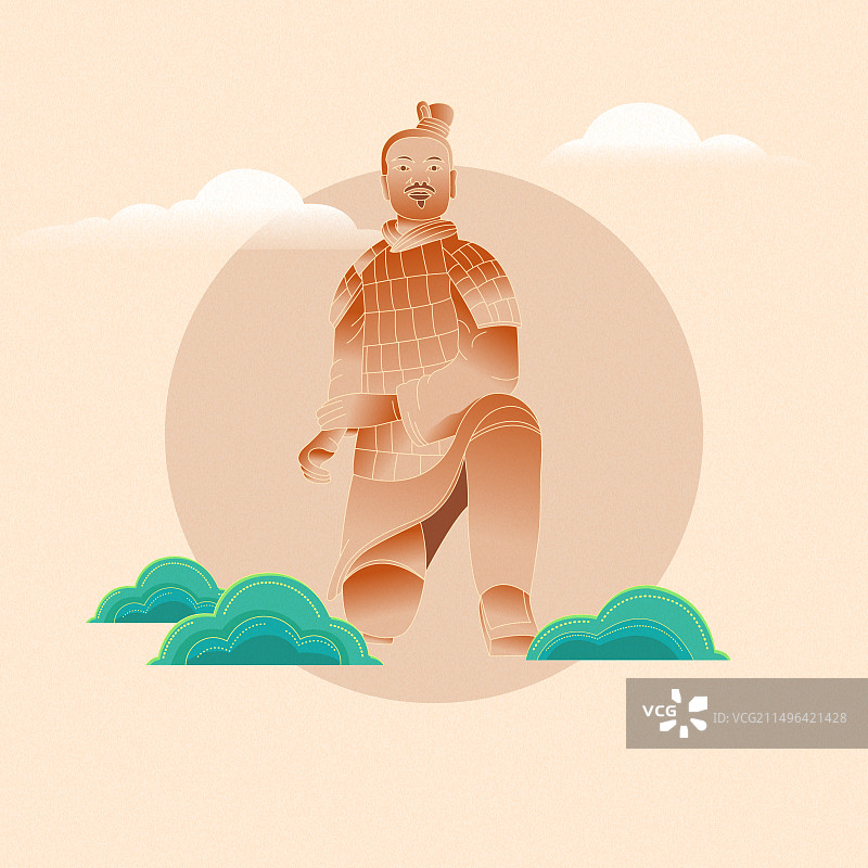 国风西安城市地标建筑兵马俑彩色矢量插画图片素材