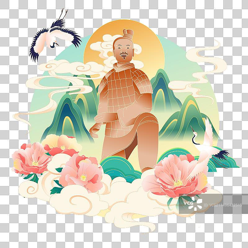 国风西安城市地标建筑兵马俑彩色矢量插画图片素材