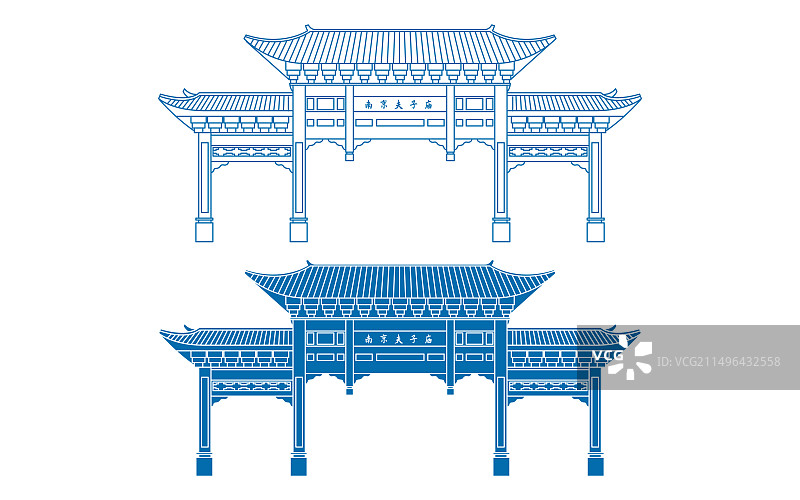 蓝色南京城市地标建筑线稿剪影矢量插画图片素材