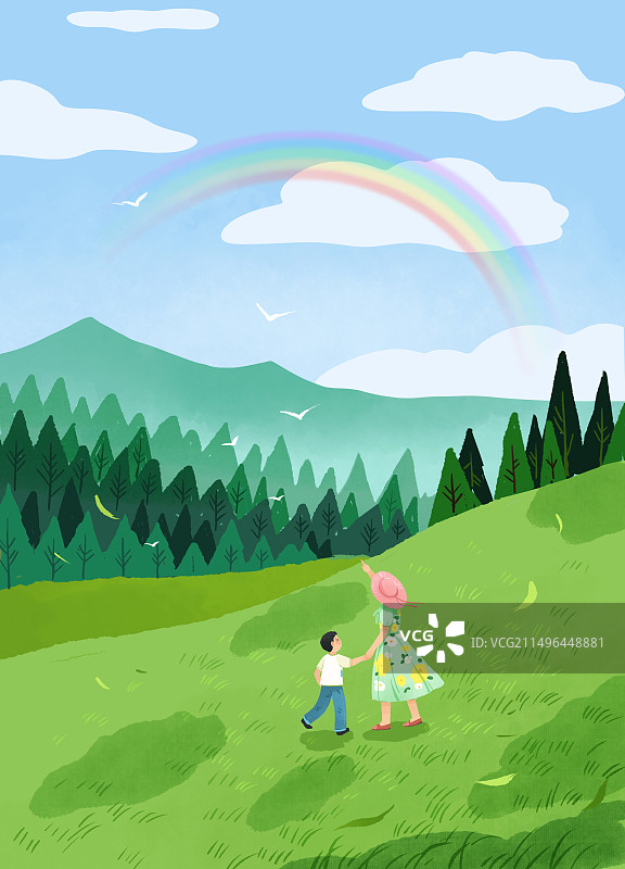 草地上看彩虹的母子俩插画图片素材