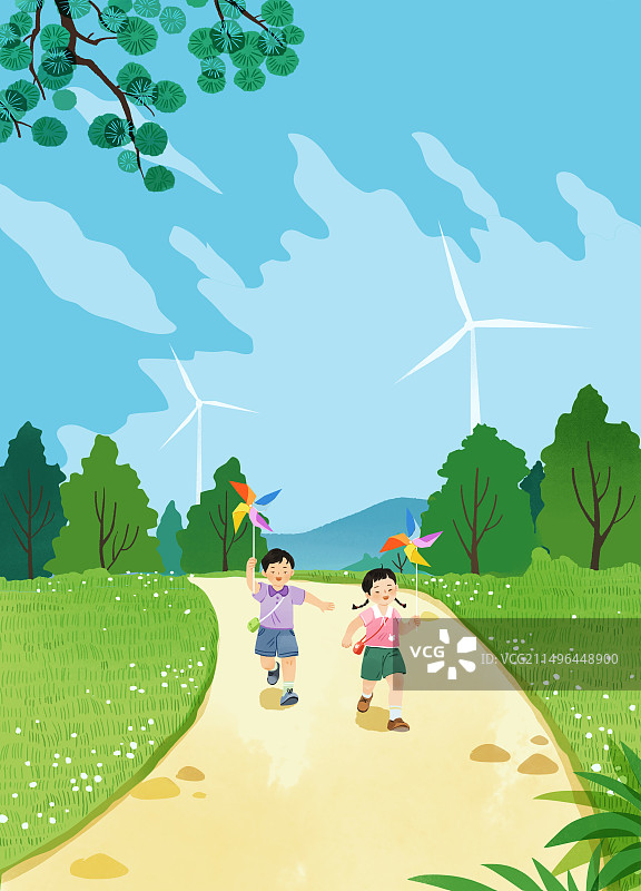 拿着纸风车的儿童插画图片素材