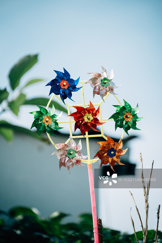 晴天下的手持彩色风车图片素材