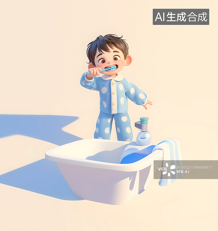 【AI数字艺术】3d卡通穿睡衣的男孩在水池边刷牙图片素材