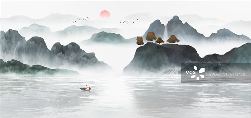 蓝色山水画背景插画图片素材