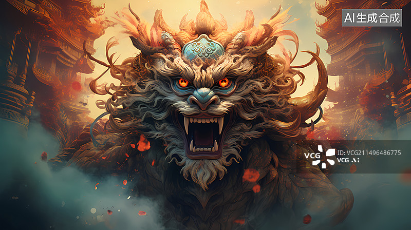 【AI数字艺术】狻猊神兽概念插画图片素材