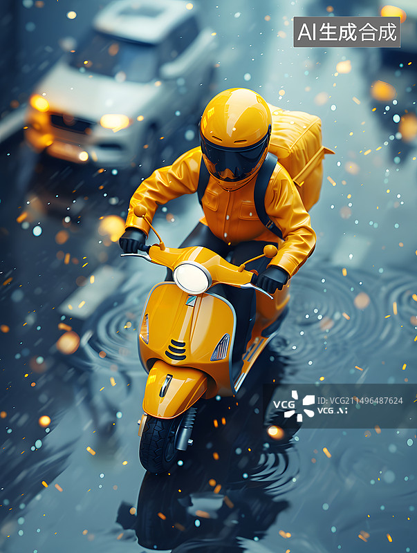 【AI数字艺术】一个外卖快递员雨中骑着电瓶车送货图片素材