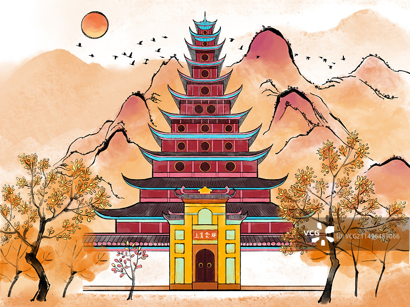 国潮风城市古建筑插画素材-重庆石宝寨图片素材