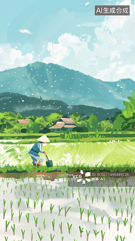 【AI数字艺术】谷雨插秧插画插秧的农民图片素材