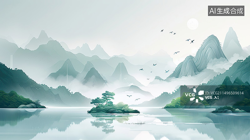 【AI数字艺术】中国山水烟雨中的喀斯特山脉水墨风背景图片素材