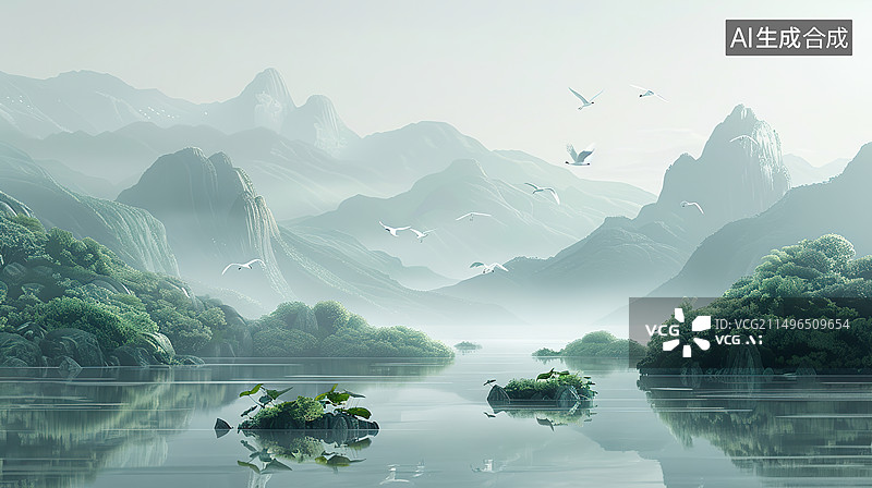 【AI数字艺术】中国山水烟雨中的喀斯特山脉水墨风背景图片素材