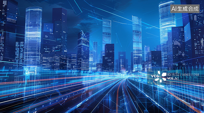 【AI数字艺术】蓝色发光城市和线条图片素材