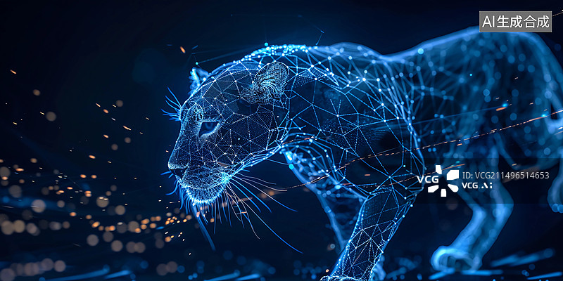 【AI数字艺术】蓝色低多边形风格豹子插画图片素材