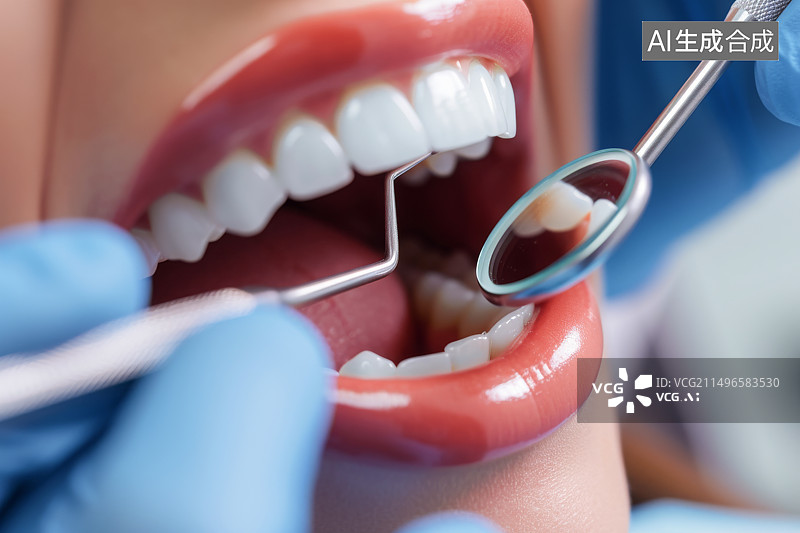 【AI数字艺术】在牙科检查期间，医生手中拿着牙科镜子，牙医处一名妇女的口腔特写图片素材