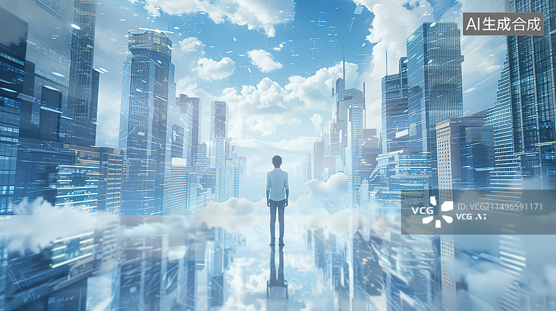 【AI数字艺术】城市高楼背景下身穿正装的男性商人后视图图片素材