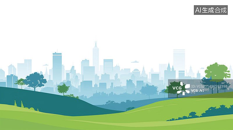 【AI数字艺术】城市天际线剪影，绿色植被，山坡，建筑，现代图片素材