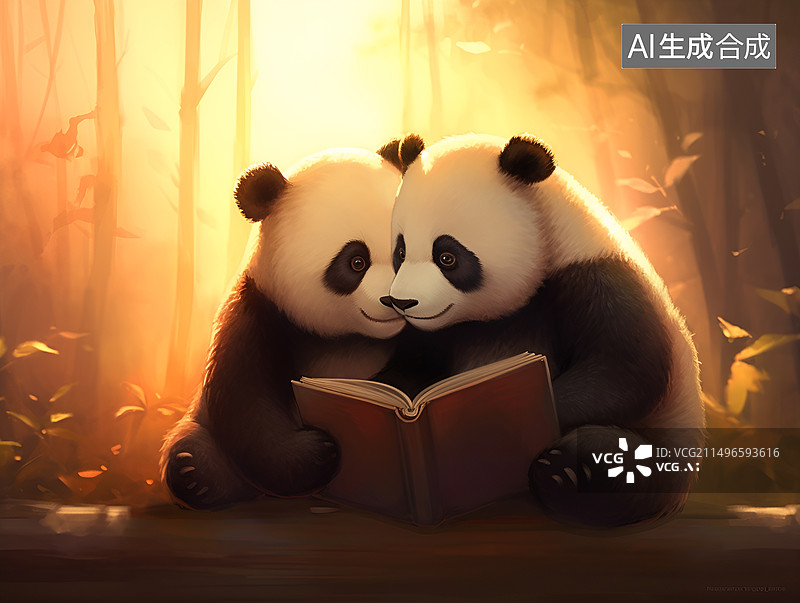 【AI数字艺术】两只熊猫在看书图片素材
