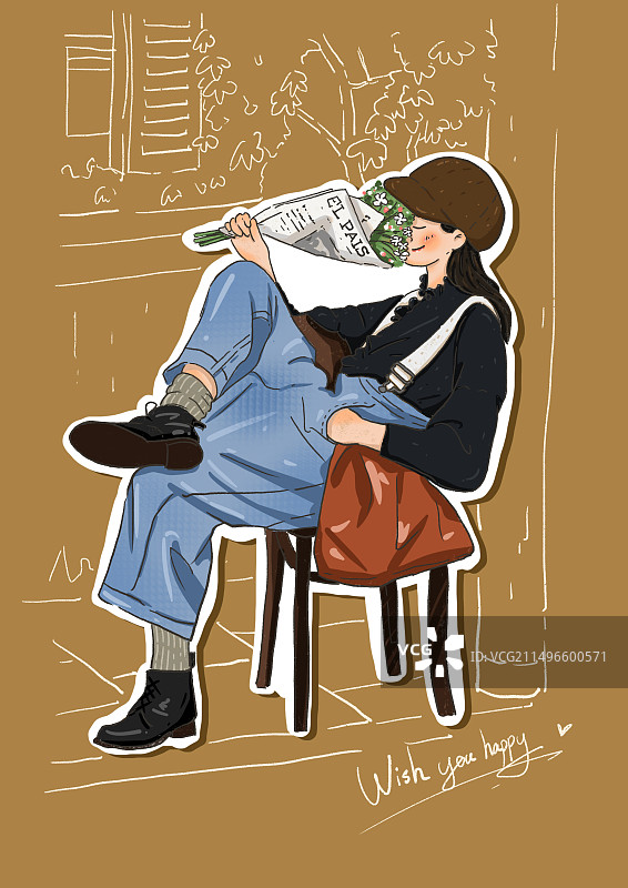 法式风情手绘慵懒牛仔裤闻鲜花女孩图片素材