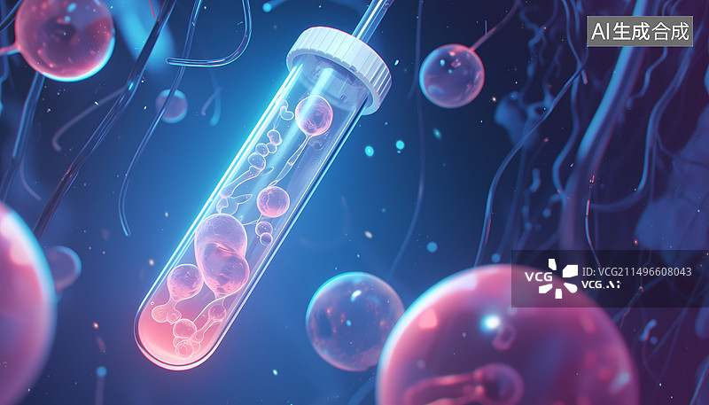 【AI数字艺术】试管里培养的细胞生物学未来科技3D插画图片素材