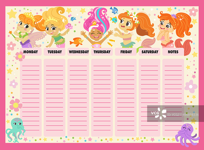 带有美人鱼的学校每周时间表模板图片素材