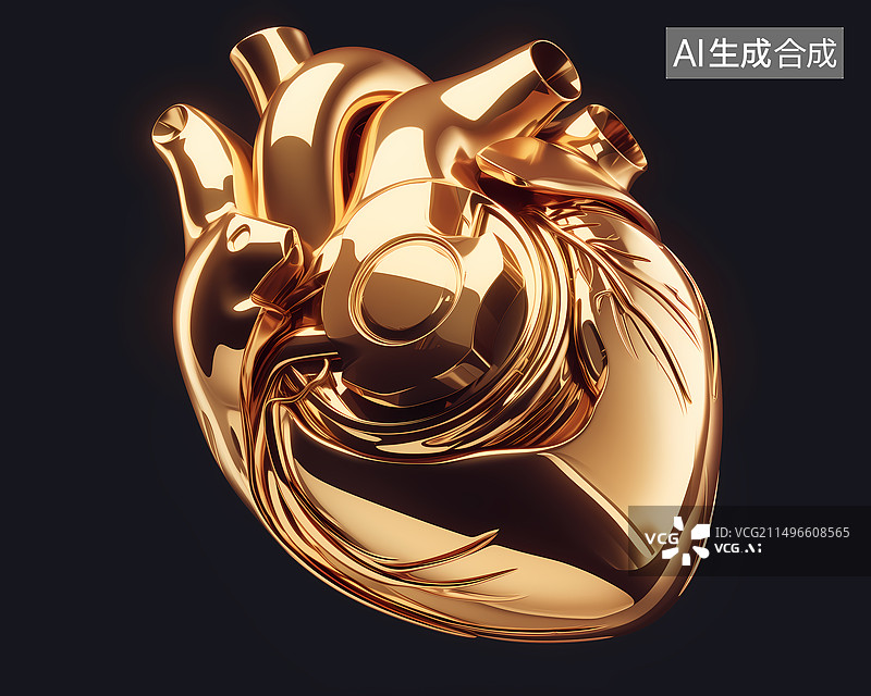 【AI数字艺术】一个金色的人造心脏医疗科学三维图图片素材