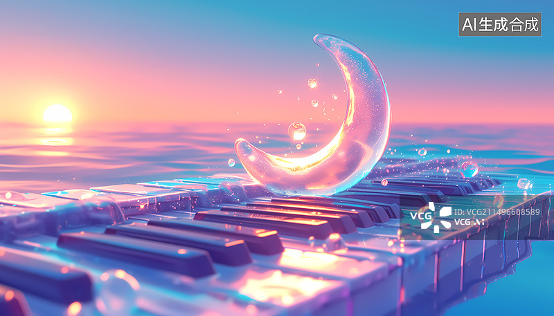 【AI数字艺术】水面上的琴键和月亮梦幻音乐三维插画图片素材