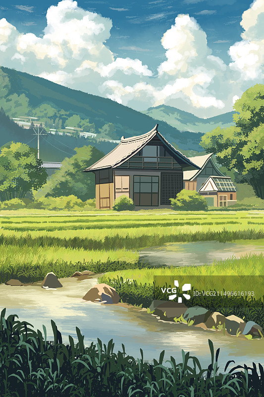 清新治愈稻田乡村小溪房子水稻田地蓝天白云日漫风插画壁纸背景杂志小说封面内页图片素材