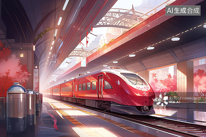 【AI数字艺术】新年春运节日氛围下的红色火车高铁插画图片素材