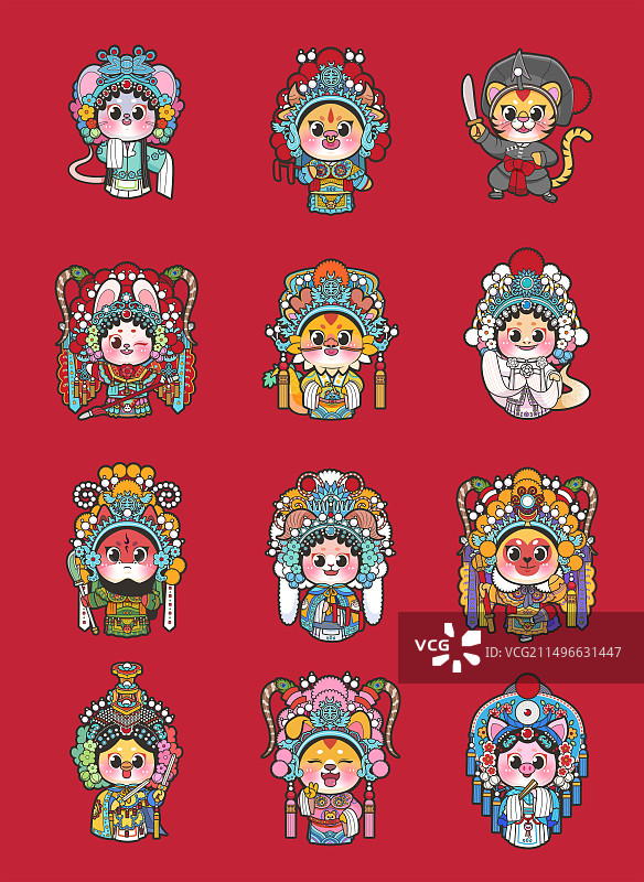 国潮京剧戏剧十二生肖动物插画图片素材
