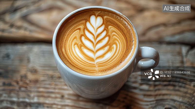 【AI数字艺术】木桌上放着一杯拿铁咖啡，上面漂亮拉花艺术图片素材