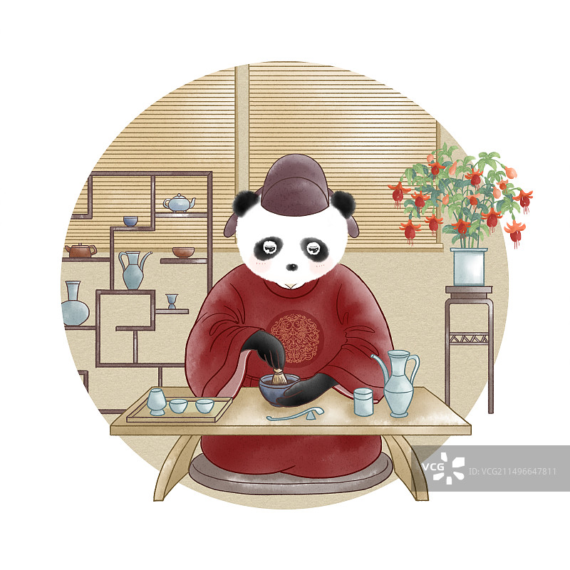 熊猫点茶国风插画图片素材