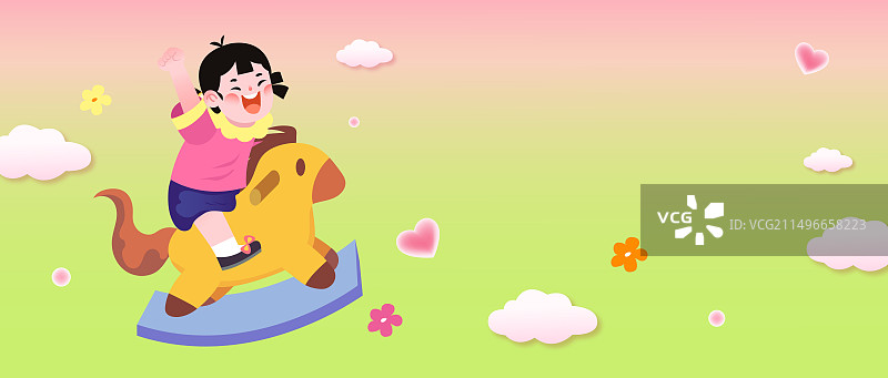 六一儿童节儿童坐木马矢量促销插画图片素材