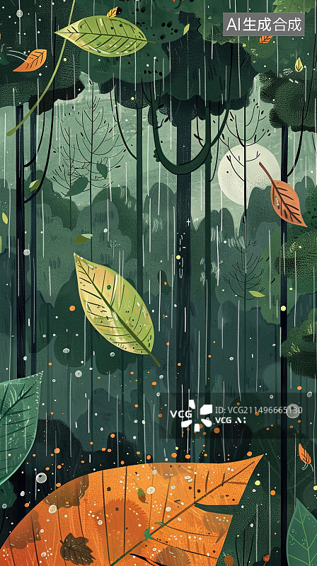 【AI数字艺术】谷雨节气雨水树叶肌理插画图片素材
