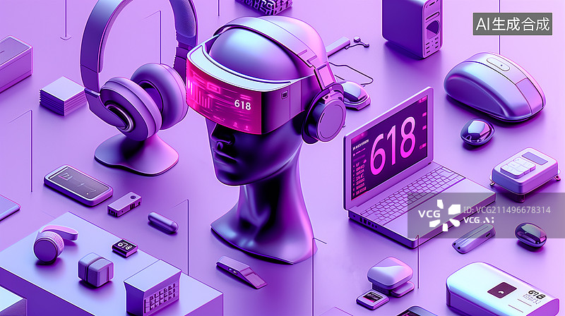 【AI数字艺术】618购物节题材电脑键盘和耳机的高角度视图图片素材