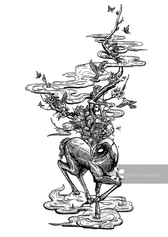 山海经神兽麇驾着云雾与蝴蝶小鸟在互动玩耍图片素材