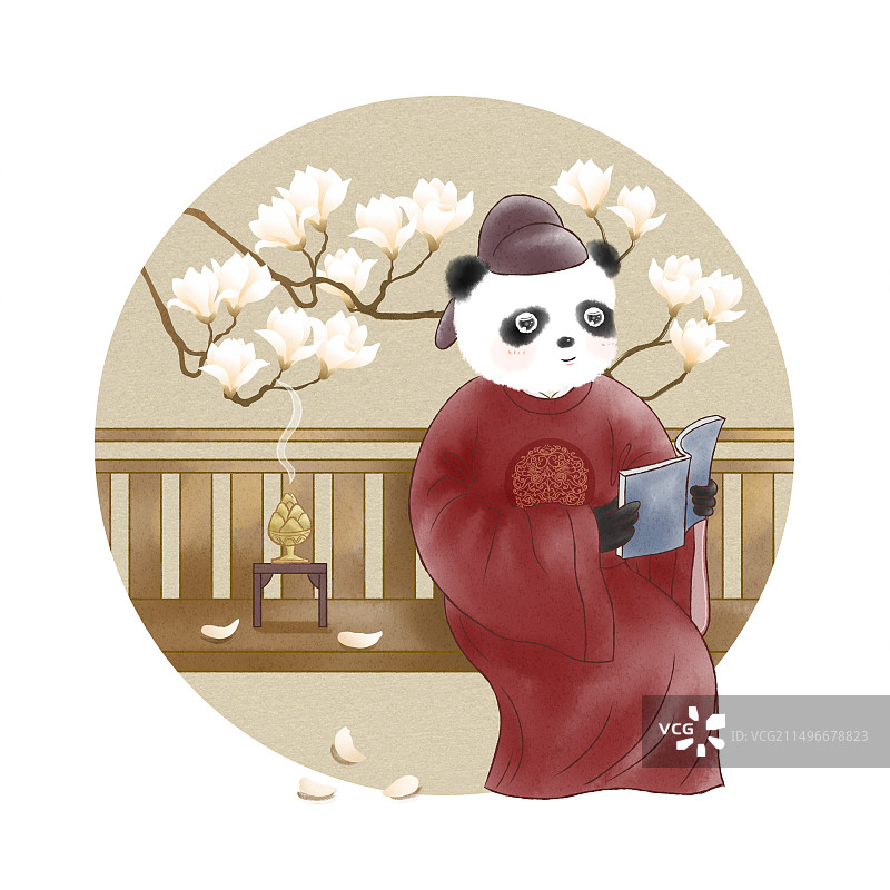 熊猫坐在庭院里看书国风插画图片素材
