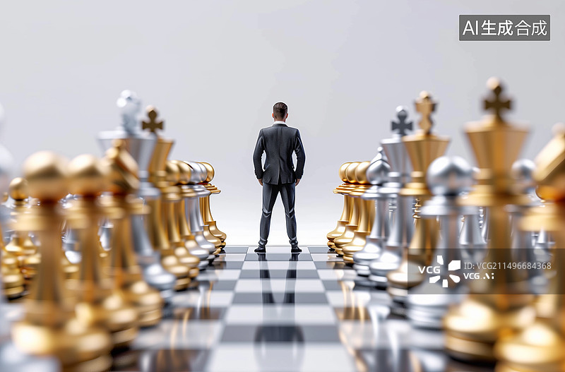 【AI数字艺术】国际象棋下棋博弈，小人思考分析局势图片素材