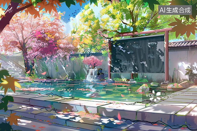【AI数字艺术】国风夏日中式庭院插画图片素材