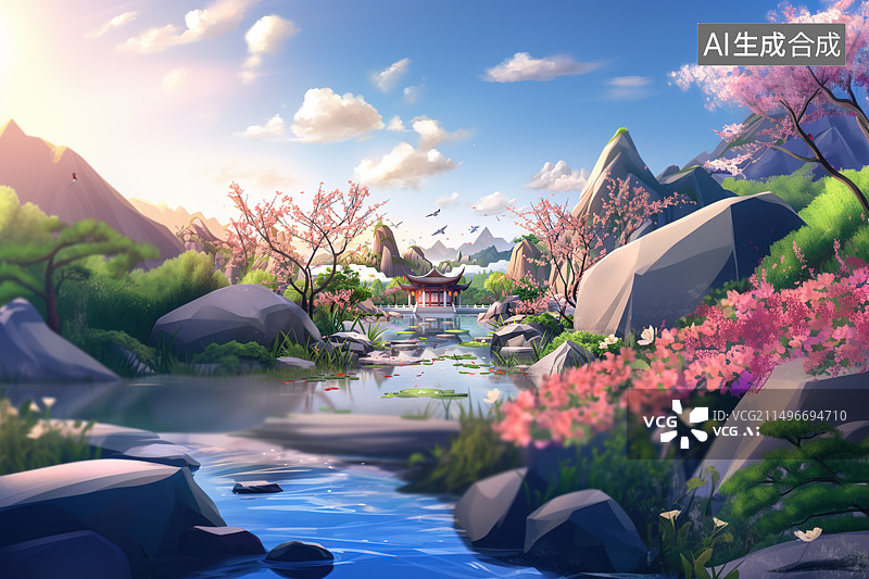 【AI数字艺术】国风夏日中式庭院插画图片素材