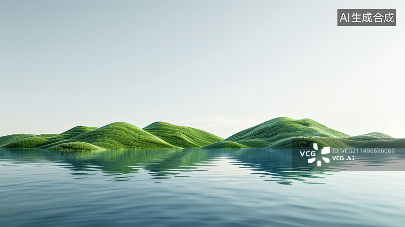 【AI数字艺术】三维水面和绿色草坪山丘图片素材