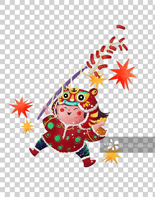 小孩穿着棉袄头戴虎头帽在放鞭炮图片素材