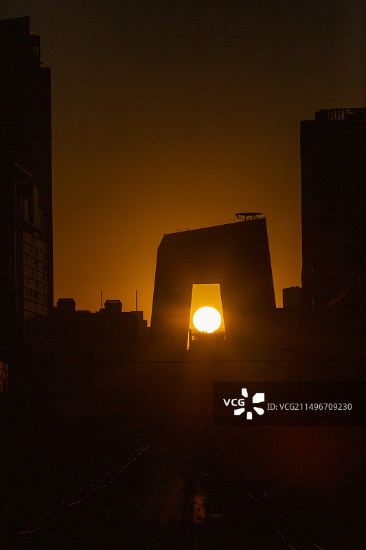 中国首都北京国贸CBD，北京交通，国贸CBD金融商务区，央视大楼悬日，夕阳日落图片素材
