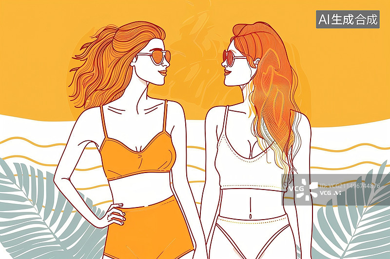 【AI数字艺术】夏日穿泳裤的闺蜜海边度假图片素材