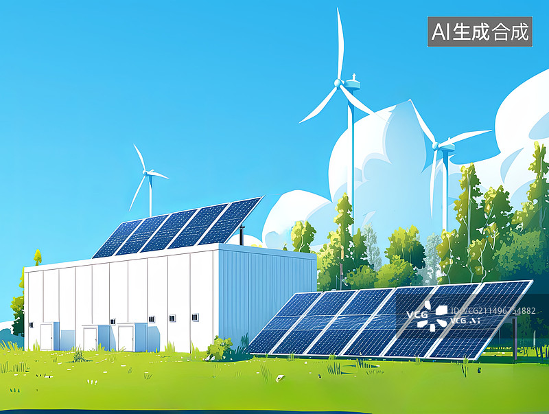 【AI数字艺术】太阳能电池板风轮机可持续资源储能插画图片素材
