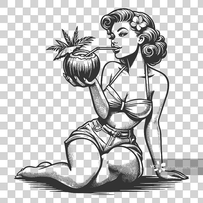 享受热带饮品的复古海报女郎图片素材