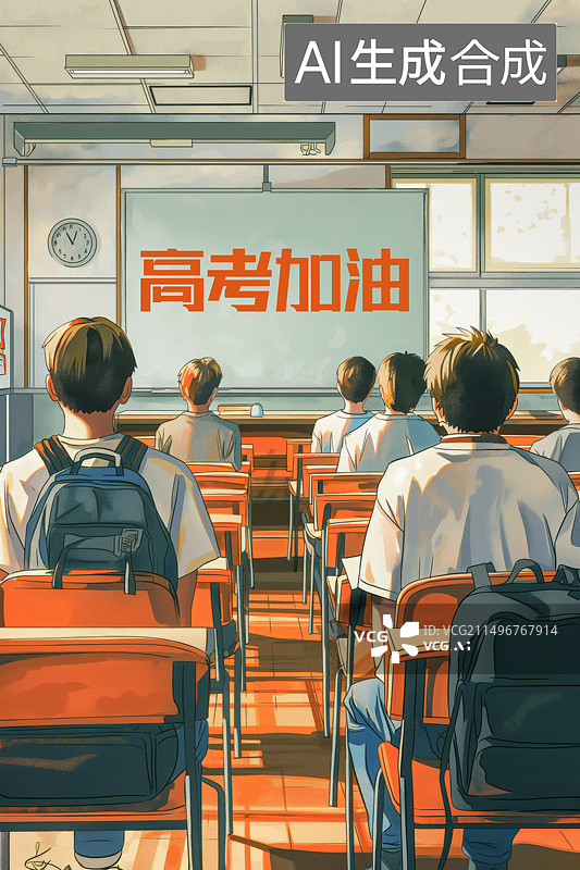 【AI数字艺术】黑板上写着高考加油的教室场景图片素材